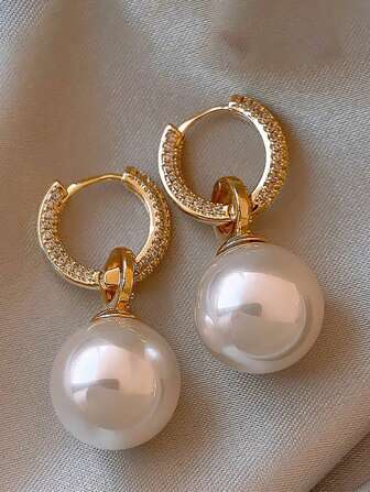 1 Pair Fashionable Luxury Copper Micro-Inlaid Zirconia Pearl Earrings, Elegant And Sophisticated, Suitable For Women To Wear Casually Or On Dates