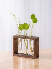 1 套木质框架透明玻璃花瓶水培植物容器玻璃容器盆景桌饰花盆桌面家居装饰透明试管花瓶 - 棕色 - 查看 9