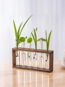 1 套木质框架透明玻璃花瓶水培植物容器玻璃容器盆景桌饰花盆桌面家居装饰透明试管花瓶 - 棕色 - 查看 7