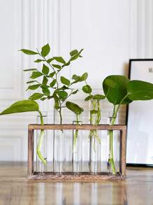 1 套木质框架透明玻璃花瓶水培植物容器玻璃容器盆景桌饰花盆桌面家居装饰透明试管花瓶 - 棕色 - 查看 5