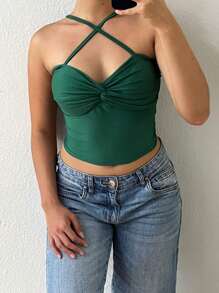 Knotted Crop Top With Padded Bra And Cross Straps - Green - View 3