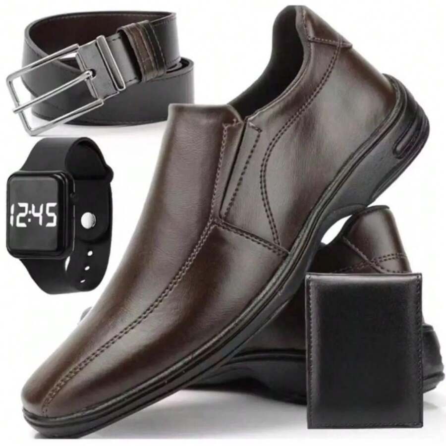 Men's Dress Shoe Kit In Premium Genuine Leather, Stitched Sole, Elastic And Lightweight, Anti-Stress, + Belt, Wallet And Watch