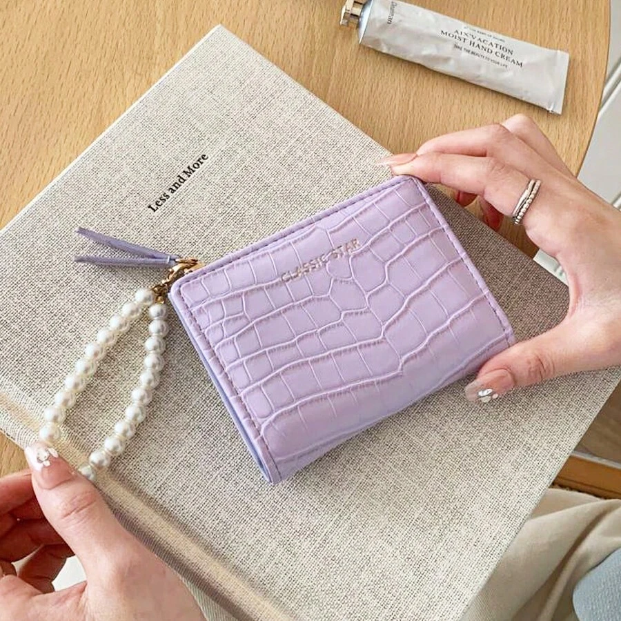 Women's Fashionable Crocodile Embossed Faux Pearl Chain Folding Coin Minimalist Korean Style Handheld Wallet Pink Wristlet Keychain Wallet Gifts Valentines For Women Wallet Purse Wallet Small Wallet