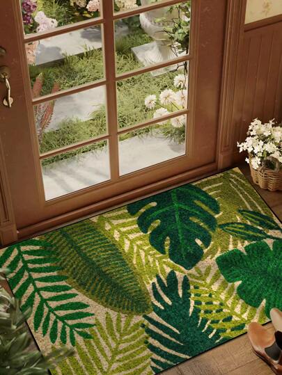 1 pieza Felpudo con estampado de hojas de palmera verdes, estilo rústico apto para interior/exterior, antideslizante, lavable a máquina, duradero, absorbe el agua y se seca rápido, adecuado para cocina, comedor, pasillo, baño, dormitorio, exterior, entrada, decoración del hogar, para todo el año
