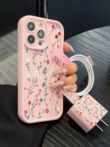 Vine-Themed Bamboo Soap Case Compatible With IPhone + Charging Cable Protector - Multicolor - View 2