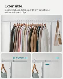 SONGMICS Burro Ropa con Ruedas, Perchero Burro Extensible, Capacidad de Carga de 130 kg, Fácil de Montar, Portátil, Blanco Mate MHSR011W01 - Blanco - Ver 5