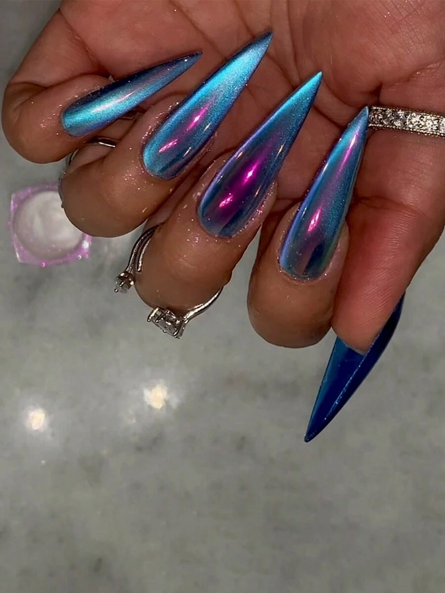 Sanrio Y2K 用 24 件长细高跟法式现代经典简约蓝色极光渐变纯色激光高光泽金属镜面饰面猫眼全覆盖假指甲套装改变您的指甲，适合日常佩戴和派对，让您看起来很酷的指甲用品指甲