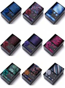 AlanKing 1 set de corbata, pañuelo de bolsillo, gemelos y broche con diseño de flor dorado para hombre, para fiestas/festivales