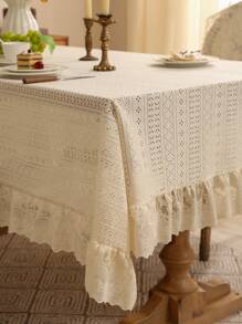 1pc Elegant French Minimalist Geometric Pattern Thickened Lace Edged Table Cloth, Decorative Tablecloth For Festivals - 米色 - 查看 6