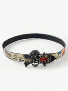 1 件男士朋克骷髅 Y2K 嘻哈水钻涂鸦 PU 皮带，时尚街头风格，音乐节/生日/毕业礼物配饰 - 彩色 - 查看 3