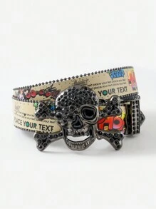 1 件男士朋克骷髅 Y2K 嘻哈水钻涂鸦 PU 皮带，时尚街头风格，音乐节/生日/毕业礼物配饰 - 彩色 - 查看 12