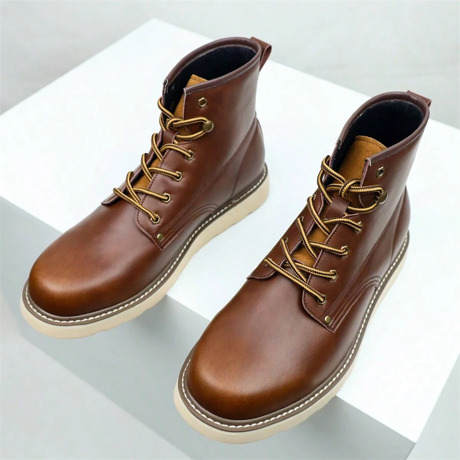Neue Herren Arbeitsschuhe Outdoor Britischer Stil Echtes Leder Retro Mode vielseitig Schnürung Knöchelhoch Dicke Sohle Rundkappe Herrenschuhe