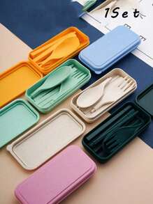 3Pcs/5pcs/Set Portable Travel Utensil Set With Case, Fold Reusable Tableware Includes Cutlery, Coffee Spoon, Salad Fork, Steak Knife, And Storage Box, Reusable Cutlery Old With Case, Portable Utensils Set For Adults, Tableware Camping Cutlery Set, Travel Utensils Set For Kitchens, Dishwasher Friendly, For School, Picnics, Parties, Outdoor Dining, Camping,School Supplies