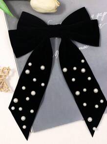1pc Girls/Kids' Autumn/Winter Christmas Pearl Bow Hair Clip, Cute & Elegant Velvet Bow Hair Accessory