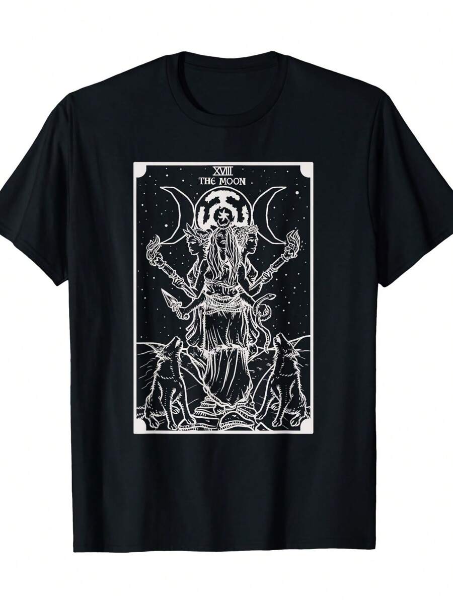 Hecate Three Moon Goddess Witch Hecate Wheel Tarot T-Shirt, Men's Casual Summer Short-Sleeved T-Shirt, Round Neck Fashion Short Sleeve - 黑色 - 查看 1