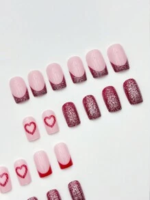 24 pièces/set d'ongles carrés courts pour la Saint-Valentin, brillants, doux, avec des paillettes d'amour, une manucure pressée. + 1 pièce de gel gelée + 1 pièce de lime à ongles. Décorez vos ongles et rehaussez votre design élégant et délicat. Réutilisable, convient pour la vie quotidienne et les fêtes des femmes. Cadeau idéal pour les femmes.