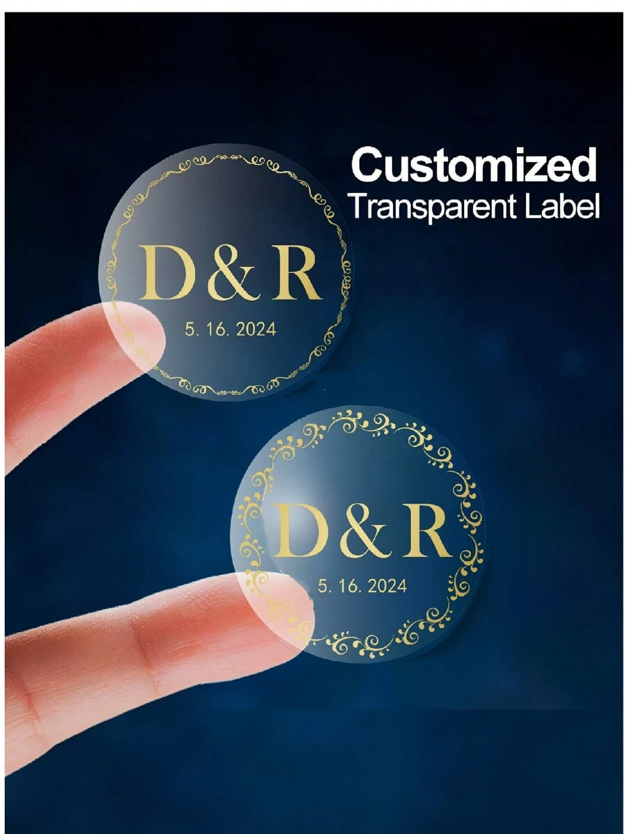 60-1000pcs Personalized Transparent Labels With Gold Leaf Detailing For Weddings & Special Events, Custom-Made Clear Adhesive Circular Stickers For Elegant Celebrations, Perfect For Invitations - 4cm - View 1
