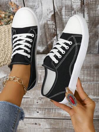 New Women Plus Size Fashion Sneakers, Black Decorative Lace-Up Casual Sport Shoes For School, Flat Bottom