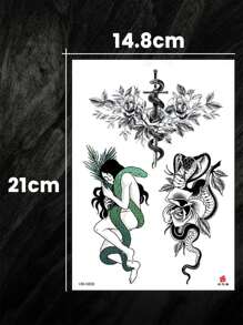 Waterproof Temporary Tattoo Sticker, 1pc Snake & Floral Pattern Paper Tattoo Sticker, Animal Pattern Sticker, Multi-Functional Unisex Body Art Waterproof Sweat-Resistant Fake Tattoo, Suitable For Your Arms, Chest, Abdomen And Back Easy To Apply And Remove - Black - View 8