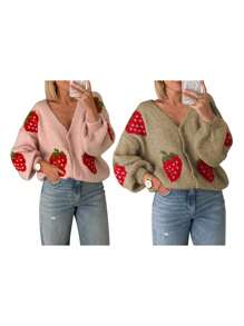 Women Knit Cardigan Long Sleeve Strawberry Button Closure Fall Casual Jacket Sweater - Khaki - View 5