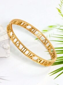 18K Gold Plated Stainless Steel Stackable Bangle Bracelet, Classic Hollow Roman Numeral & Heart Design, Fashionable European & American Casual, Party, Holiday Style Wrist Jewelry For Women, Birthday, Wedding, Best Friend, Valentine's Day Gift - Gold - View 11