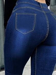 Women's High Waisted Tight Fitting Classic Double Breasted Jeans - Slim Fit, Comfortable And Elastic, Suitable For Leisure And Work - 深色水洗藍 - 查看 5