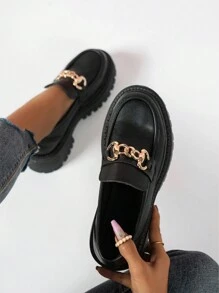 Women's Fashionable Platform Loafers With Metal Buckle Decor, Comfortable Retro Shoes - Black - View 2