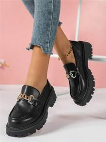 Women's Fashionable Platform Loafers With Metal Buckle Decor, Comfortable Retro Shoes - Black - View 4