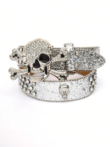 1 件男士朋克骷髅 Y2K 嘻哈水钻涂鸦 PU 皮带，时尚街头风格，音乐节/生日/毕业礼物配饰 - 彩色 - 查看 4