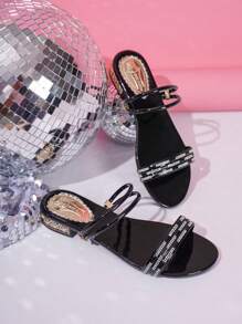 Women's New Summer Low Heel Leather Slides, Crystal Dual Strap, Low Thick Heel Anti-Skid Comfy Open Toe Sandals, Holiday Beach Slippers, Black