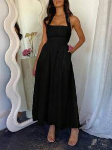 Ladies' Spring And Summer Vacation, Dating, Music Festival, Mother's Day, Easter, Hanging Neck, Elegant Long Dress - 黑色 - 查看 10