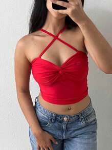 Knotted Crop Top With Padded Bra And Cross Straps - Red - View 2