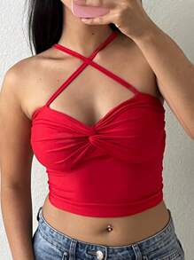 Knotted Crop Top With Padded Bra And Cross Straps - Red - View 3