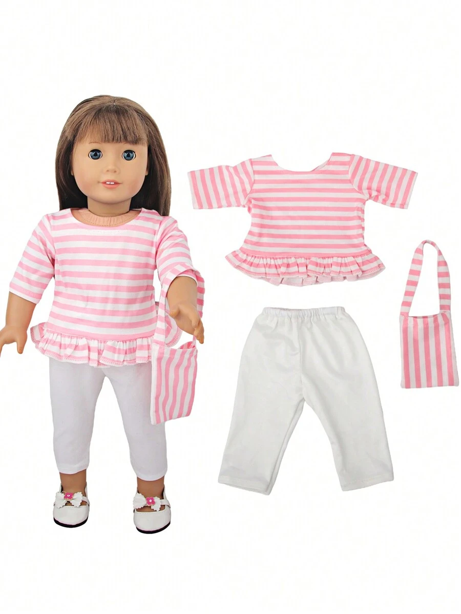1 件 18 英寸娃娃服装粉色条纹套装，含 1 条裤子 + 1 件上衣 + 1 个手提包，家居装饰 - 淺粉色 - 查看 1
