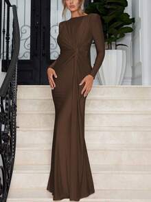 Pink Long Sleeve Pleated Long Dress, Autumn/Winter Spring Elegant - Brown - View 5