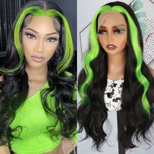 13X4 Free Part Black Green Highlights Body Wave Lace Front Wigs Pre Plucked Soft Long Wavy Hair Wigs Heat Resistant Wave Wigs Glueless Christmas Wig Long Wavy Synthetic Lace Front Wigs For Women Perfect For Daily Wear & Parties - 挑染綠色 - 查看 4