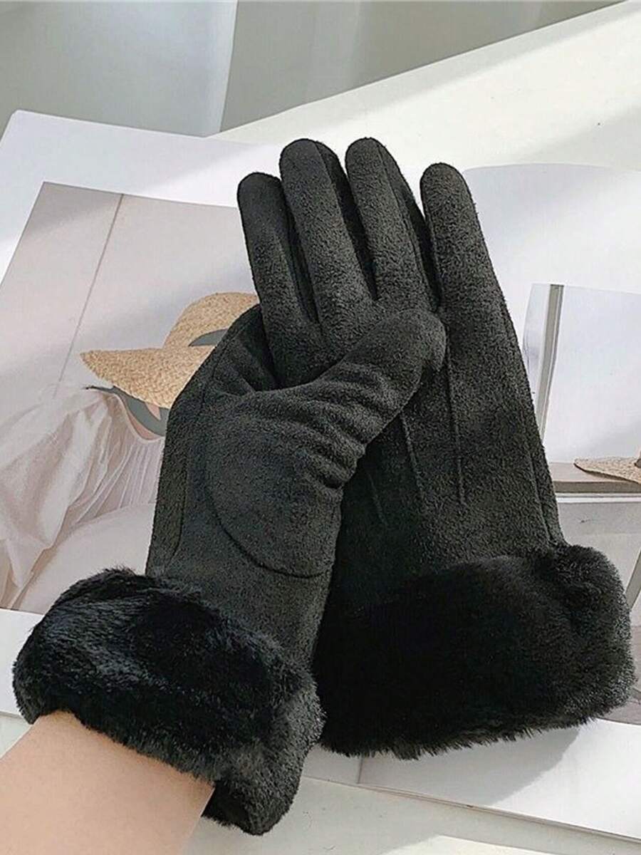 Women Winter Suede Gloves Fur Cuffs Touchscreen Gloves Soft Warm Fleece Lined Glove - Black#2 - View 1