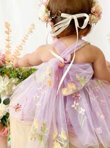 1pc Baby Girls' Cute Elegant Luxurious Ladylike Sweet Princess Heavily Embroidered Flower & Bow Tulle Bowknot Dress, Suitable For Party, Holiday, Birthday, All Seasons - Mauve Purple - View 3