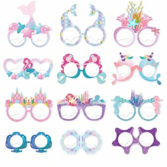 12PCS Mermaid Theme Paper Glasses Colorful Mermaid Tail Sea Grass Under The Sea Design Eyeglasses Frame For Mermaid Theme Birthday Party Decorations Supplies Photo Prop