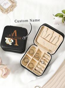 1件定制名字珠宝收纳盒戒指项链收纳盒便携式旅行拉链首饰收纳盒 - 黑色 - 查看 3