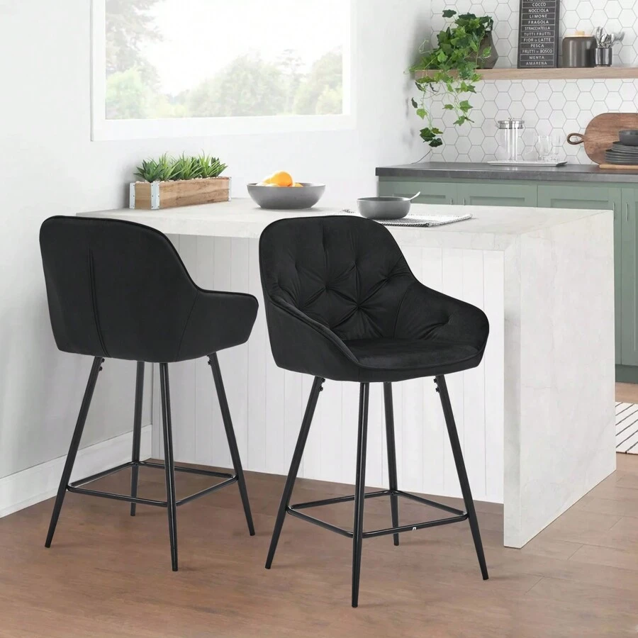 CLIPOP Bar Stools Set Of 2, Velvet Thick Padded Kitchen Breakfast Bar Chairs With Armrest And Footrest, High Back Breakfast Bar Stools For Home Kitchen Island Counter - Black - View 1