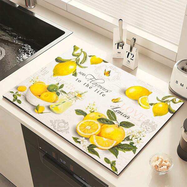 1 Stück Zitronenprint Abtropfmatte, super saugfähig, Tischdekoration mit Frühjahrs-/Sommermotiven mit Blumen und Zitronen, waschbar, faltbar, schnell trocknend, schimmelresistent