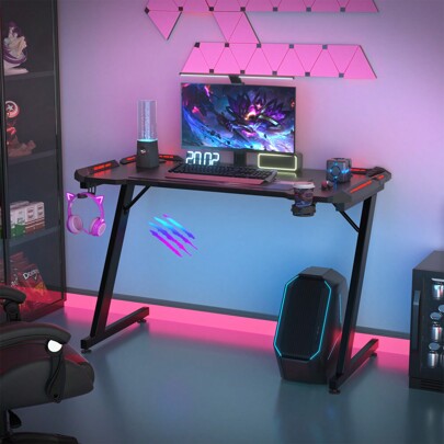 120/140/160cm Gaming Schreibtisch RGB LED Ergonomischer Gaming Tisch PC Tisch  mit Getränkehalter Schwarz