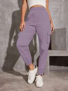 1 pieza Pantalones de carga con cordón en la cintura, bolsillos, pierna recta, estilo casual para niñas y adolescentes, adecuados para ejercicio al aire libre, primavera/otoño