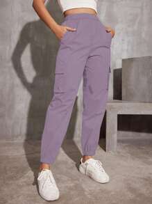 1 pieza Pantalones de carga con cordón en la cintura, bolsillos, pierna recta, estilo casual para niñas y adolescentes, adecuados para ejercicio al aire libre, primavera/otoño