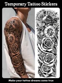 1 张超大全臂尺寸人体艺术临时纹身贴纸，男女皆宜，黑色 3D 鸽子时钟鹰凤凰玫瑰街头风格图案，防水假袖纹身，持续 2-5 天，遮盖疤痕，可用于手臂手腕肩腿腰颈手胸部大腿手指，最佳朋友情侣派对纹身 - 黑色 - 查看 1