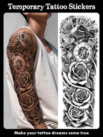 1 hoja de tatuaje temporal extragrande para todo el brazo para hombres y mujeres, con patrones de estilo callejero en 3D de paloma, reloj, águila, fénix y rosa. Tatuajes falsos impermeables para mangas que duran de 2 a 5 días, cubren cicatrices y se pueden usar en brazos, muñecas, hombros, piernas, cintura, cuello, mano, pecho, muslos y dedos. Mejor regalo para amigos, parejas y fiestas.