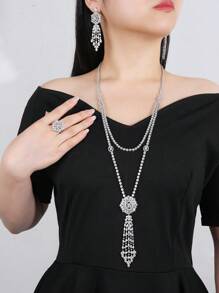 3 Stücke Set: Silberne Halskette mit kubischen Zirkonia-Kette, Ring und Ohrringe, geeignet für Frauen als Partytragen