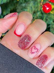 24 pièces/set d'ongles carrés courts pour la Saint-Valentin, brillants, doux, avec des paillettes d'amour, une manucure pressée. + 1 pièce de gel gelée + 1 pièce de lime à ongles. Décorez vos ongles et rehaussez votre design élégant et délicat. Réutilisable, convient pour la vie quotidienne et les fêtes des femmes. Cadeau idéal pour les femmes.