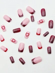 24 pièces/set d'ongles carrés courts pour la Saint-Valentin, brillants, doux, avec des paillettes d'amour, une manucure pressée. + 1 pièce de gel gelée + 1 pièce de lime à ongles. Décorez vos ongles et rehaussez votre design élégant et délicat. Réutilisable, convient pour la vie quotidienne et les fêtes des femmes. Cadeau idéal pour les femmes.